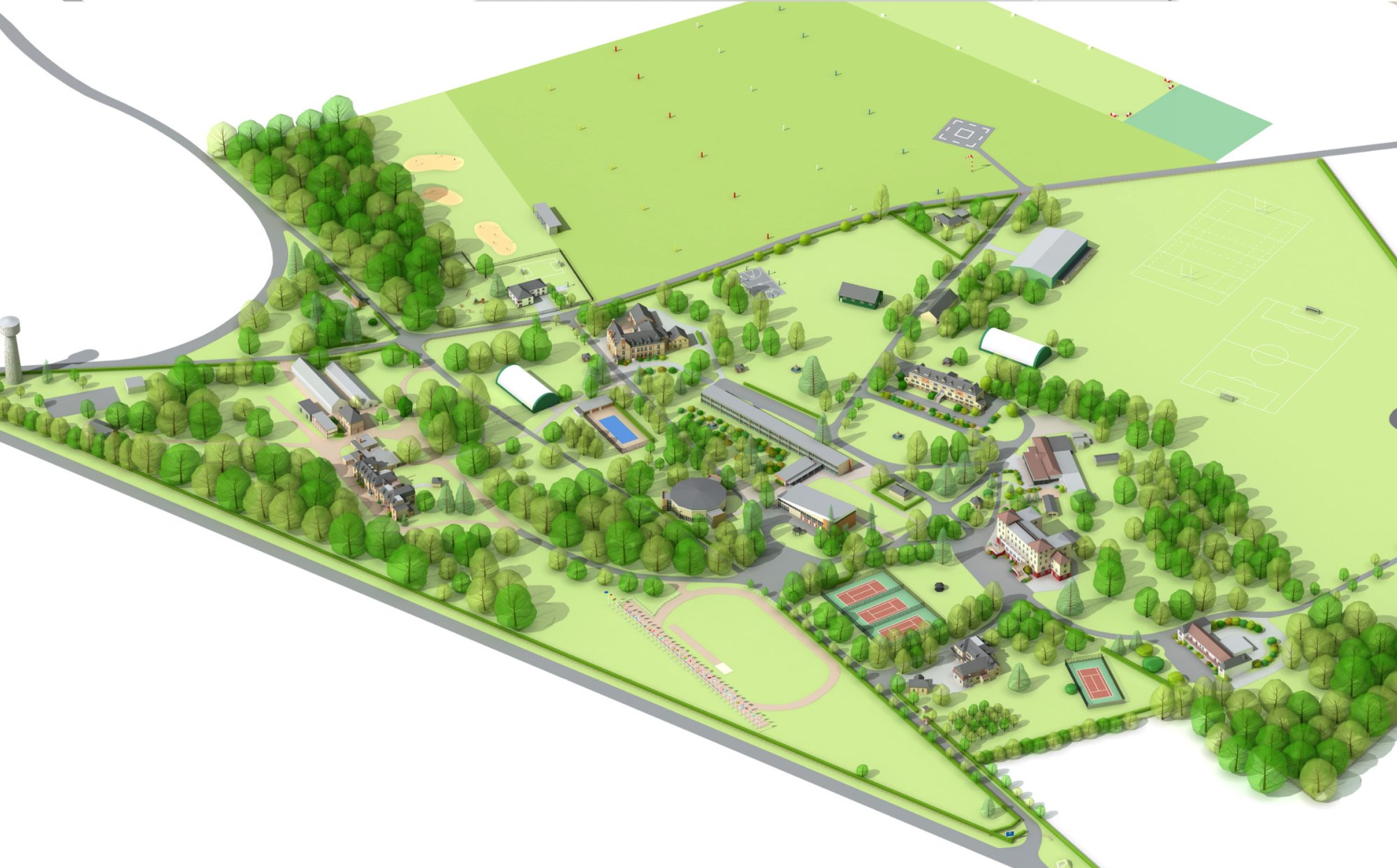 Illustrated aerial view of the École des Roches campus